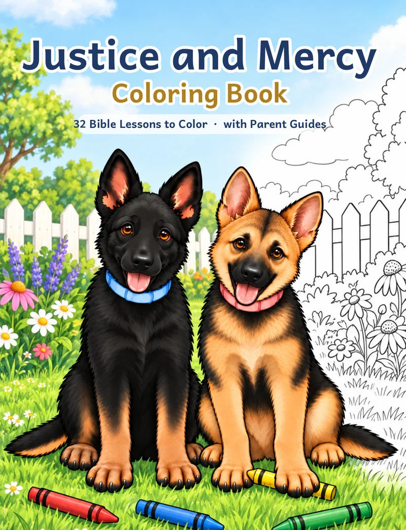 Justice and Mercy Coloring Book cover with the two puppies sitting in the grass beside crayons