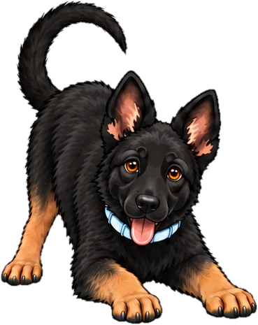 Justice as a puppy in a play bow with his tail curled up
