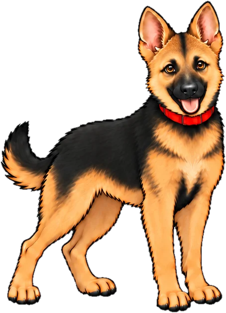 Mercy grown up, standing in a red collar