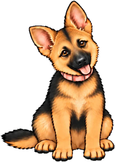 Mercy as a puppy, sitting with her head tilted