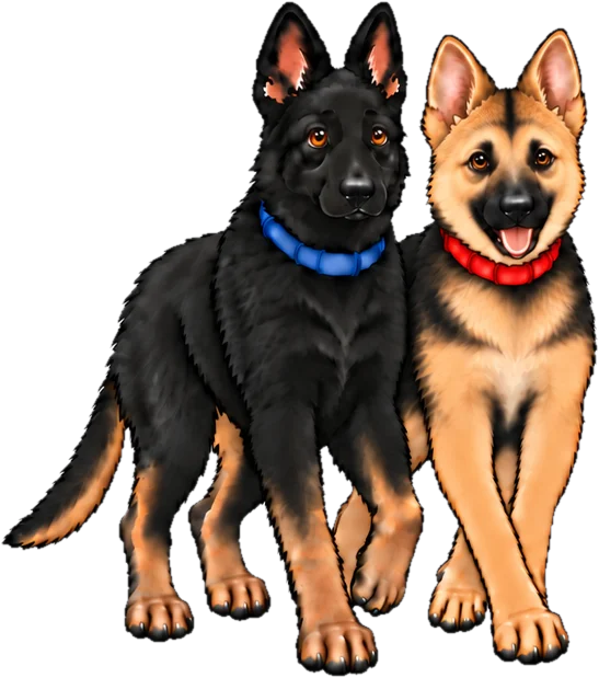 Grown-up Justice and Mercy standing side by side in navy and red collars
