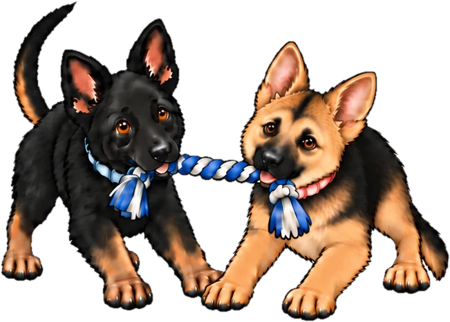 Puppies Justice and Mercy playing tug-of-war with a blue and white rope