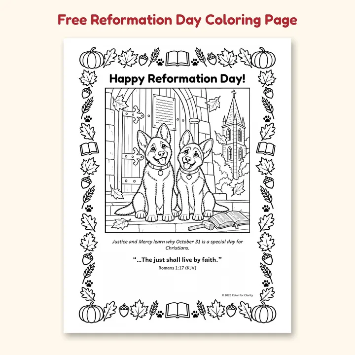 Happy Reformation Day coloring page with Justice and Mercy sitting at a church door