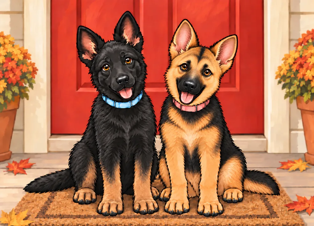 Story 1 illustration: Justice and Mercy as puppies sitting at a red front door