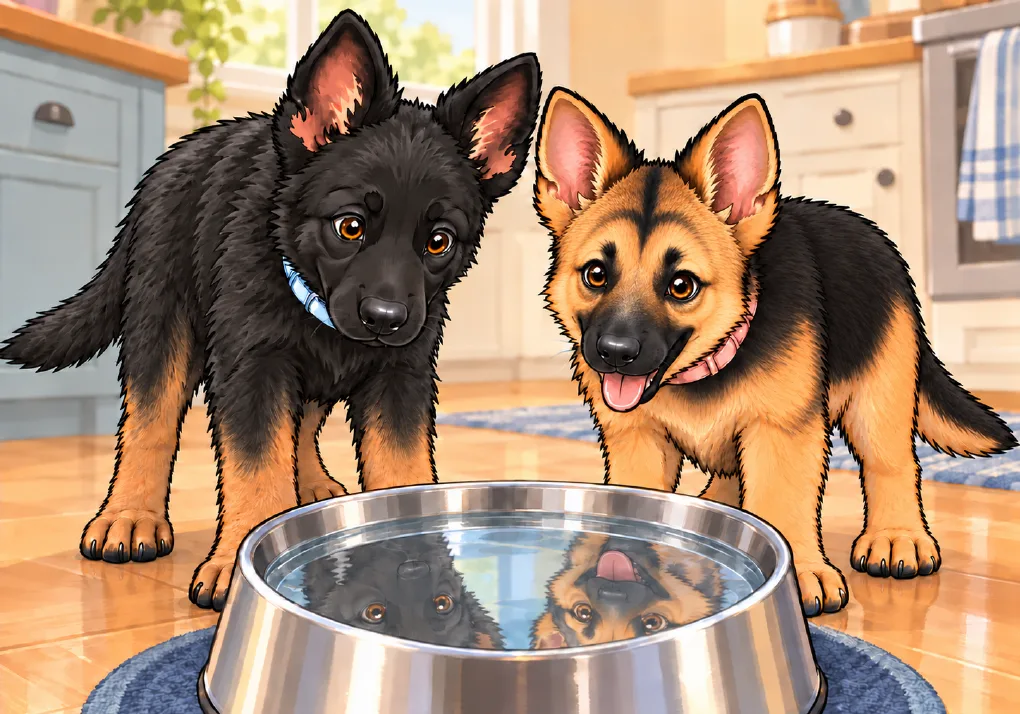 Justice and Mercy looking at their reflections in a shiny water bowl