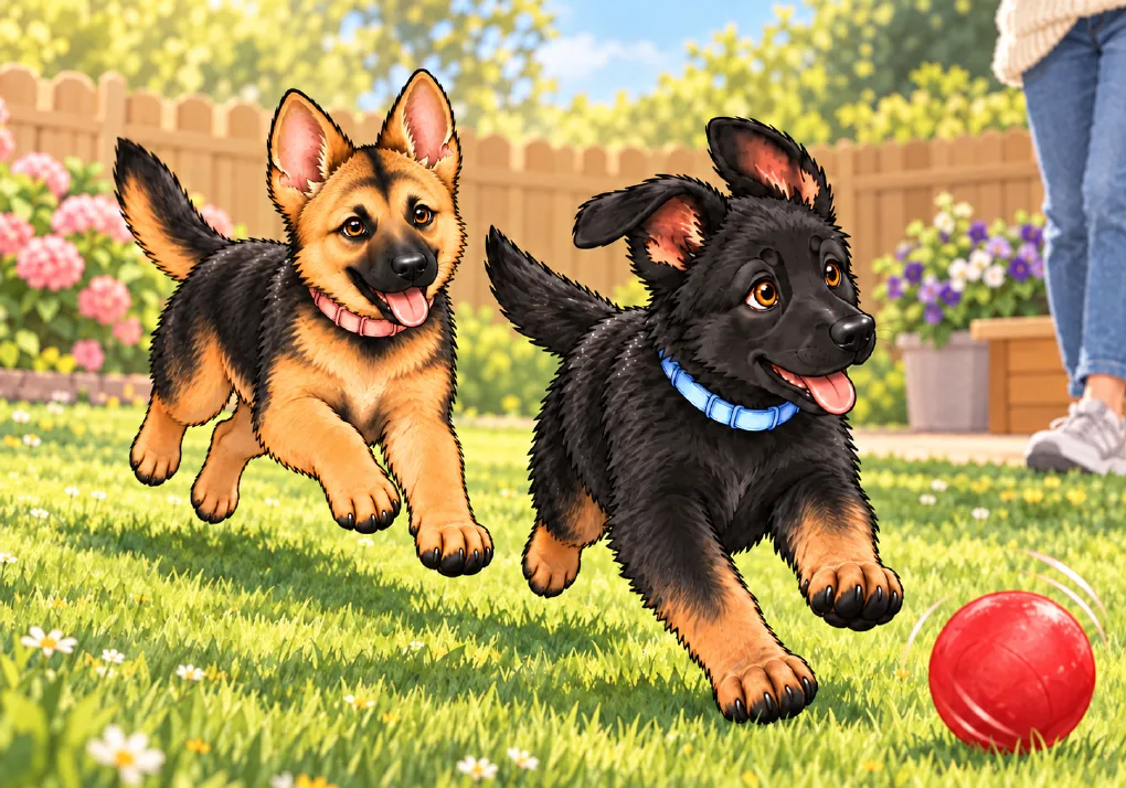 Justice running after a red ball across the grass while Mercy follows